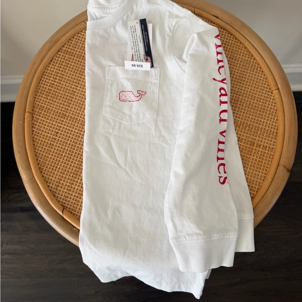 NWT Vineyard Vines Girls Size 5 Long Sleeve Whale Hearts Pocket White T-Shirt